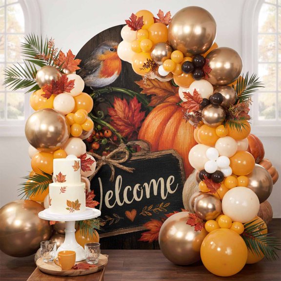 Orange Pumpkin Fall Arch Backdrop Cover 5FT, Thanksgiving Maple Leaves Rustic Spandex Fitted Stretchy Arch Stand Covers, Round Top Chiara Backdrop Cover for Wedding Party Birthday Baby Shower