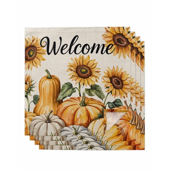 Orange Pumpkin Fall Cloth Napkins Set of 4 Reusable Dinner Napkins, Thanksgiving Sunflower Autumn Beige Cocktail Napkin Washable Table Napkins for Wedding/Holiday Party/Baby Shower 20"x20"