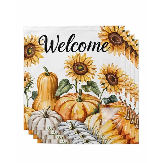 Orange Pumpkin Fall Cloth Napkins Set of 4 Reusable Dinner Napkins, Thanksgiving Sunflower Autumn Botanical Cocktail Napkin Washable Table Napkins for Wedding/Holiday Party/Baby Shower 20"x20"
