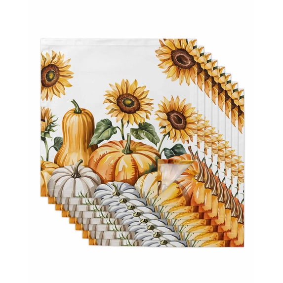 Orange Pumpkin Fall Cloth Napkins Set of 8 Reusable Dinner Napkins, Thanksgiving Sunflower Botanical Cocktail Napkin Washable Table Napkins for Wedding/Holiday Party/Baby Shower 20"x20"