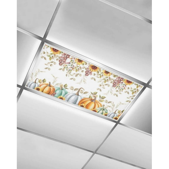 Orange Pumpkin Fall Fluorescent Light Covers for Ceiling Lights 4x2 feet,1 Pack Magnetic Light Filters for Classroom,Thanksgiving Botanical Sunflower Leaves Fluorescent Light Shade Panel for Office