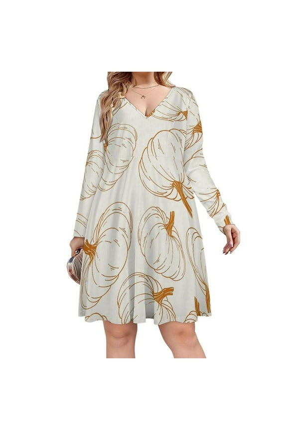 Orange Pumpkin Fall Long Sleeve Sexy Dresses For Women Ladies Vintage Elegant Party Dress Oversized V-neck Dress