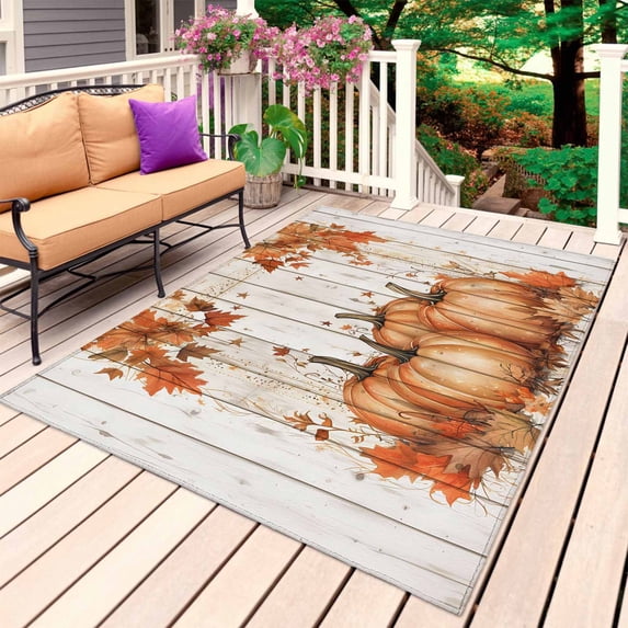 Orange Pumpkin Fall Outdoor Rug for Patio/Deck/Porch, Non-Slip Large Area Rug 6 x 9 Ft, Thanksgiving Botanical Autumn Leaf Wooden Indoor Outdoor Rugs Washable Area Rugs, Camping Rug Carpet Runner