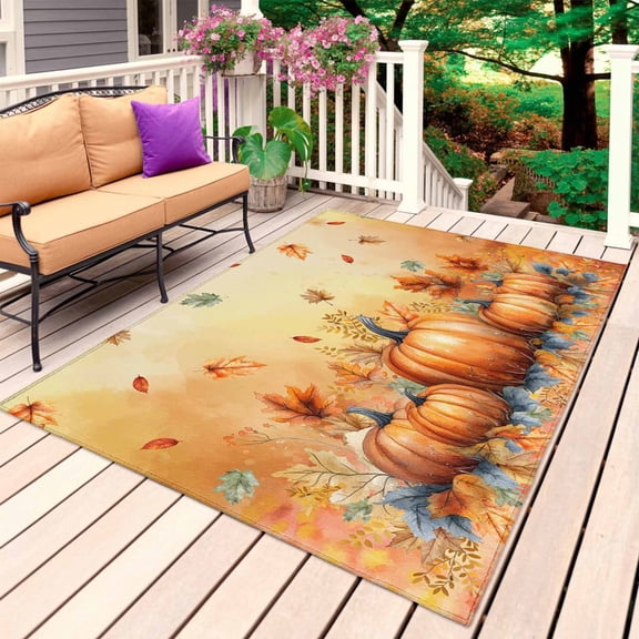 Orange Pumpkin Fall Outdoor Rug for Patio/Deck/Porch, Non-Slip Large Area Rug 6 x 9 Ft, Thanksgiving Maple Leave Farmhouse Indoor Outdoor Rugs Washable Area Rugs, Reversible Camping Rug Carpet Runner