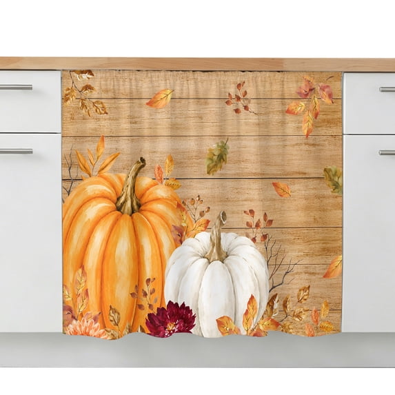 Orange Pumpkin Fall Oven Skirt Curtain for Kitchen Decor 28"x35", Thanksgiving Wooden White Botanical Self Adhesive Stove Curtains Skirt Cabinet Curtains for Bathroom Laundry Room