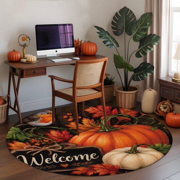 Orange Pumpkin Fall Round Area Rug 3 FT, Small Kitchen Bathroom Mat, Thanksgiving Maple Leaves Rustic Washable Indoor Outdoor Throw Runner Carpet Non-Shedding Doormat for Table Shower Sofa Entryway