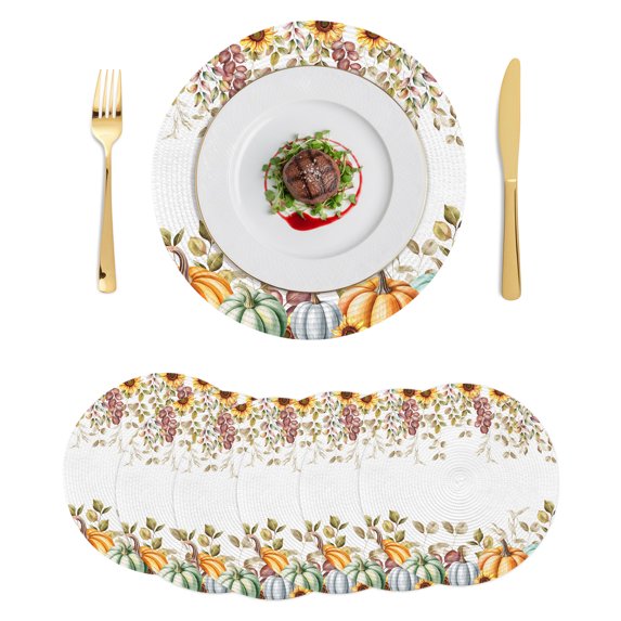 Orange Pumpkin Fall Round Placemats Set of 6,Braided Polypropylene Place Mats,Thanksgiving Botanical Sunflower Leaves Table Mats for Kitchen Dinner Holiday Wedding Party Coffee Table Decor 15"
