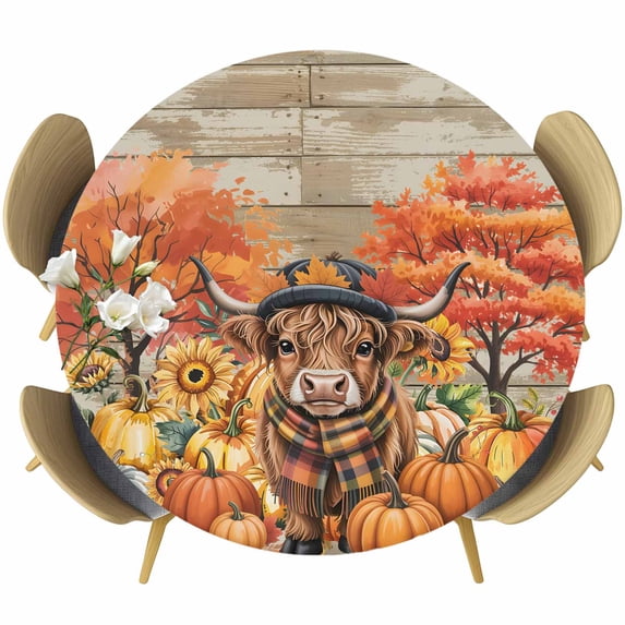Orange Pumpkin Fall Round Tablecloth, Fitted Table Cover with Elastic for 36"-44" Round Tables, Cattle Thanksgiving Checkered Farmhouse Wooden Table Cloth Outdoor Dinning Party Waterproof Tablecloths