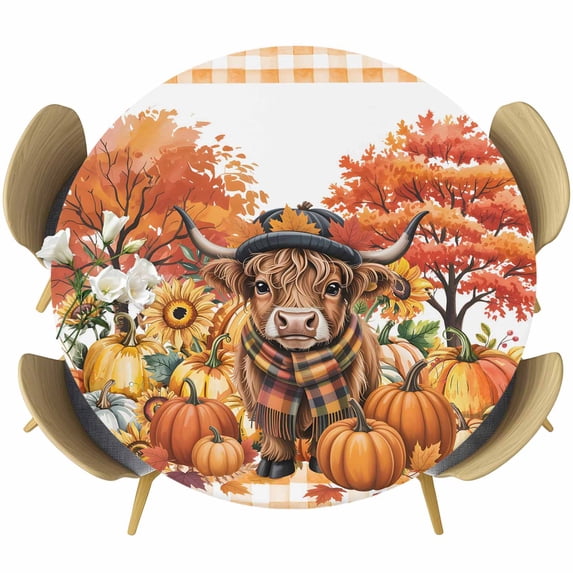 Orange Pumpkin Fall Round Tablecloth, Fitted Table Cover with Elastic for 36"-44" Round Tables, Cattle Thanksgiving Tree Farmhouse Table Cloth Outdoor Indoor Dinning Party Waterproof Tablecloths