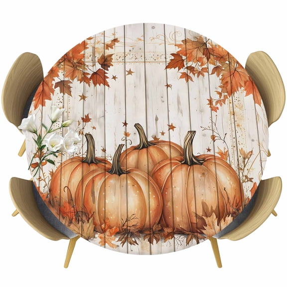 Orange Pumpkin Fall Round Tablecloth, Fitted Table Cover with Elastic for 36"-44" Round Tables, Thanksgiving Botanical Autumn Leaf Wooden Table Cloth Outdoor Dinning Party Waterproof Tablecloths