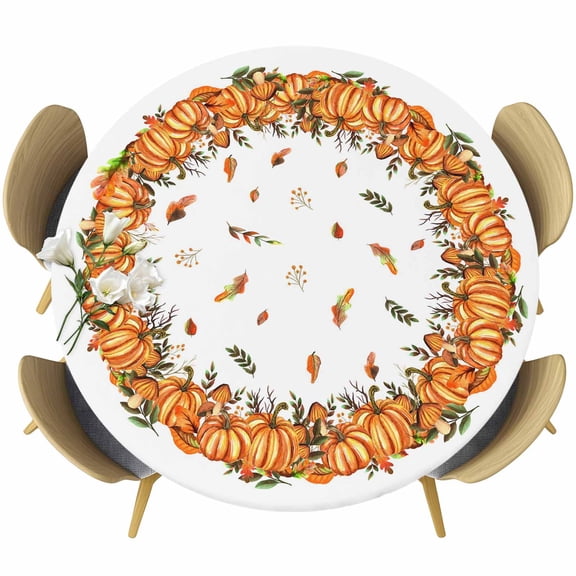 Orange Pumpkin Fall Round Tablecloth, Fitted Table Cover with Elastic for 36"-44" Round Tables, Thanksgiving Botanical Leaves Table Cloth Outdoor Indoor Dinning Party Waterproof Tablecloths