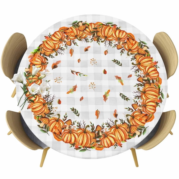 Orange Pumpkin Fall Round Tablecloth, Fitted Table Cover with Elastic for 36"-44" Round Tables, Thanksgiving Pumpkins Plaid Autumn Botanical Table Cloth Outdoor Dinning Party Waterproof Tablecloths