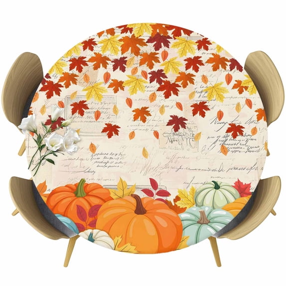 Orange Pumpkin Fall Round Tablecloth, Fitted Table Cover with Elastic for 45"-54" Round Tables, Thanksgiving Maple Leaf Farmhouse Table Cloth Outdoor Indoor Dinning Party Waterproof Tablecloths