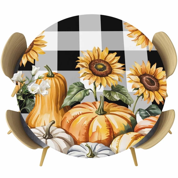 Orange Pumpkin Fall Round Tablecloth, Fitted Table Cover with Elastic for 45"-54" Round Tables, Thanksgiving Sunflower Black Checked Table Cloth Outdoor Indoor Dinning Party Waterproof Tablecloths