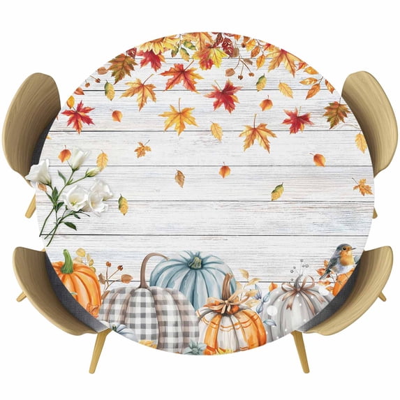 Orange Pumpkin Fall Round Tablecloth, Fitted Table Cover with Elastic for 45"-54" Round Tables, Thanksgiving Sunflower Maple Leaves Autumn Table Cloth Outdoor Dinning Party Waterproof Tablecloths