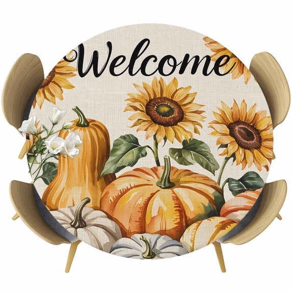 Orange Pumpkin Fall Round Tablecloth, Fitted Table Cover with Elastic for 55"-60" Round Tables, Thanksgiving Sunflower Autumn Beige Table Cloth Outdoor Indoor Dinning Party Waterproof Tablecloths