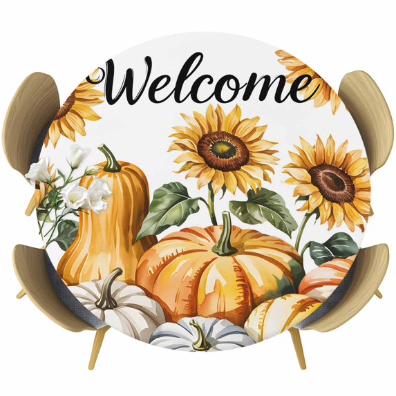 Orange Pumpkin Fall Round Tablecloth, Fitted Table Cover with Elastic for 55"-60" Round Tables, Thanksgiving Sunflower Autumn Botanical Table Cloth Outdoor Indoor Dinning Party Waterproof Tablecloths