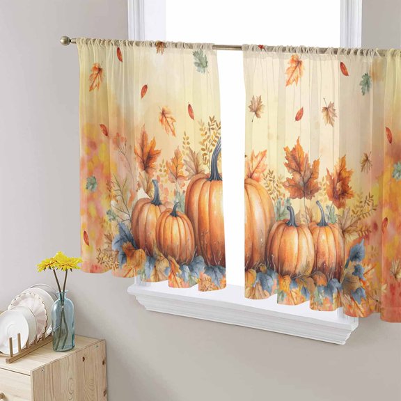 Orange Pumpkin Fall Sheer Curtains 54 Inch Length 2 Panels Set for Living Room/Bedroom, Thanksgiving Maple Leave Farmhouse Curtain Sheers Drapes Rod Pocket Curtains Window Treatment Set 52''x54''x2