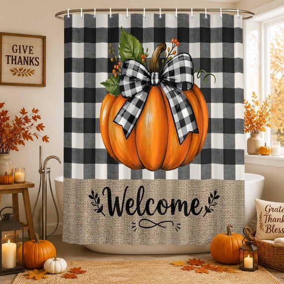 Orange Pumpkin Fall Shower Curtains for Bathroom, Welcome Thanksgiving Black Plaid Waterproof Fabric Shower Curtain, Decorative Bathroom Curtain for Bathtub, 72"x72", No Hooks Included