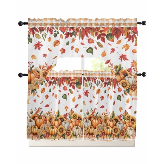 Orange Pumpkin Fall Swag Curtains for Living Room/Bedroom Windows, Thanksgiving Plaid Botanical Floral Kitchen Curtains and Valances Set 36 Inch Length, Light Filtering Swags Valance Curtain Panels