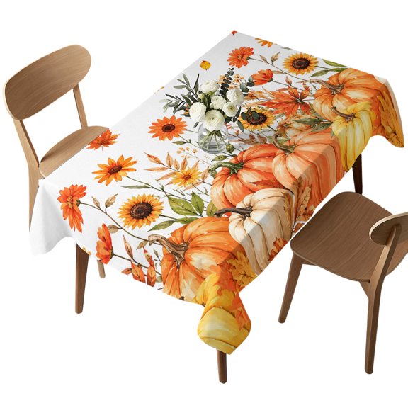 Orange Pumpkin Fall Table Cloth, Waterproof Tablecloth for Rectangle Tables, Thanksgiving Sunflowers Pastoral Washable Fabric Table Cover for Restaurant Kitchen Dining Tables 52"x70"
