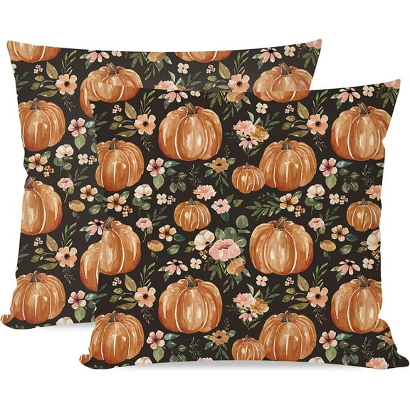 Orange Pumpkin Fall Throw Pillow Covers 18x18 Inch Set of 2 Pink Floral Black Outdoor Farmhouse Cottage Autumn Decorations Decorative Throw Pillows Cases for Home Living Room Couch Decor