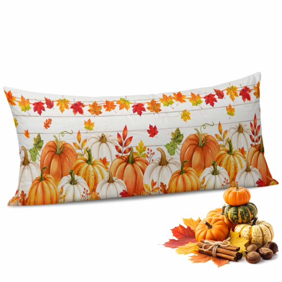 Orange Pumpkin Fall Throw Pillow Covers,Thanksgiving Autumn Maple Leaf Grey Wood Soft Breathable Pillow Cases with Zipper for Sleeping,Long Body Pillowcases for Couch Bed Sofa Chair 20x54 Inches