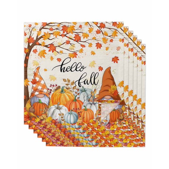 Orange Pumpkin Gnomes Fall Cloth Napkins Set of 6 Reusable Dinner Napkins, Branches Leaves Thanksgiving Botanical Cocktail Napkin Washable Table Napkins for Wedding/Holiday Party/Baby Shower 20"x20"
