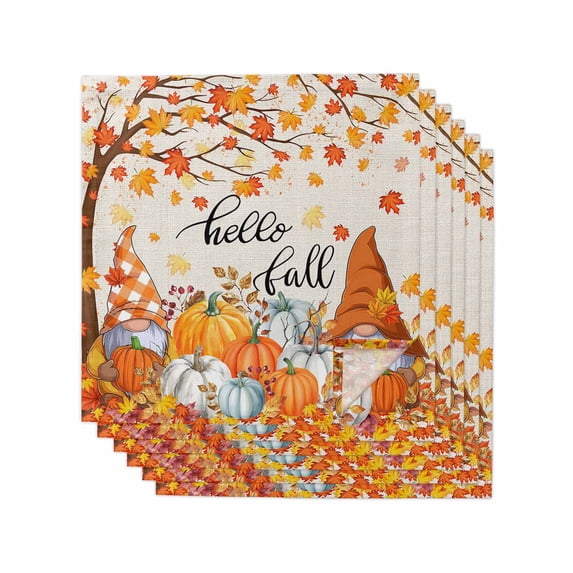 Orange Pumpkin Gnomes Fall Cloth Napkins Set of 6 Reusable Dinner Napkins, Branches Leaves Thanksgiving Rustic Cocktail Napkin Washable Table Napkins for Wedding/Holiday Party/Baby Shower 20"x20"