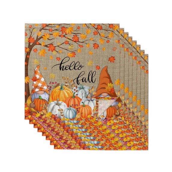 Orange Pumpkin Gnomes Fall Cloth Napkins Set of 8 Reusable Dinner Napkins, Branches Thanksgiving Leaves Rustic Cocktail Napkin Washable Table Napkins for Wedding/Holiday Party/Baby Shower 20"x20"