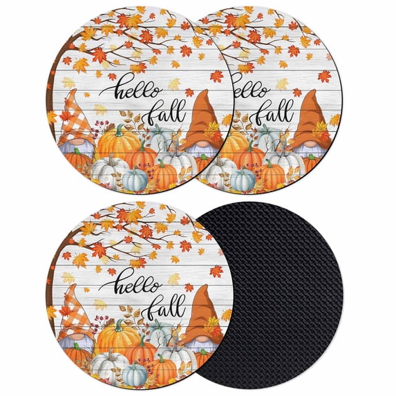 Orange Pumpkin Gnomes Fall Coasters Set of 4, Absorbent Coasters for Drinks, Branches Thanksgiving Leaves Wooden Coaster for Desk Coffee Table Protection, Home Decor House Warming Gifts 4"