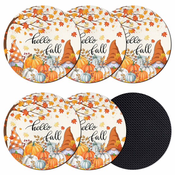 Orange Pumpkin Gnomes Fall Coasters Set of 6, Absorbent Coasters for Drinks, Branches Maple Leaves Thanksgiving Coaster for Desk Coffee Table Protection, Home Decor House Warming Gifts 4"