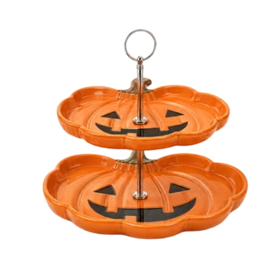 Orange Pumpkin Halloween Serving Tray, Tiered Serving Tray, Halloween Cupcake Stand, Dessert Table Decor, Spooky Halloween Decor, Two-Level Ceramic Display Rack with Metal Central