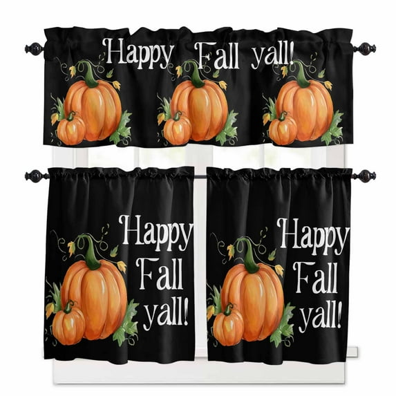 Orange Pumpkin Kitchen Curtains Valance and Tier Set 3 Pieces, Black Happy Fall Yall Small Window Curtains Set, 36 Inches Length Rod Pocket Short Window Treatment Tiers for Bathroom Cafe