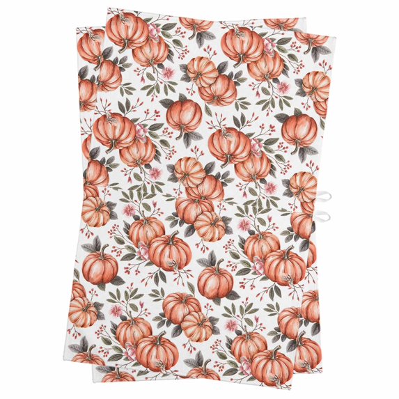 Orange Pumpkin Kitchen Towels Set of 2, Water Absorbent Dish Towel, Thanksgiving Autumn Fall Leaf Flower Decorative Hand Towels - Quick Drying Cloth for Cooking Baking, 18x28 Inch