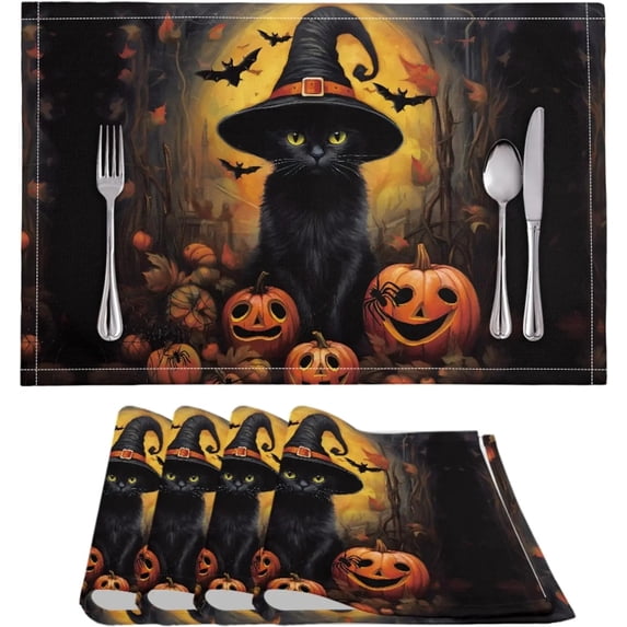 Orange Pumpkin Leaves Floral Fall Placemats Set of 4 12x18h Autumn Thanksgiving Harvest Watercolor Table Mats for Decoration