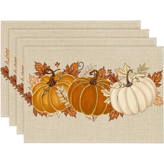 Orange Pumpkin Maple Fall Placemats Set of 4, 12x18 Inch Seasonal Autumn Thanksgiving Table Mats Kitchen Dining Party Decoration