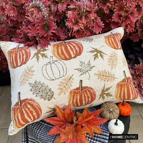 Orange Woven Jacquard Decorative Lumbar Pillow Cover, 12"x18" (30x45 cm) Jacquard Pumpkins Pillowcase, Fall Cushion Cover, Floral Contemporary Style - Pumpkinella