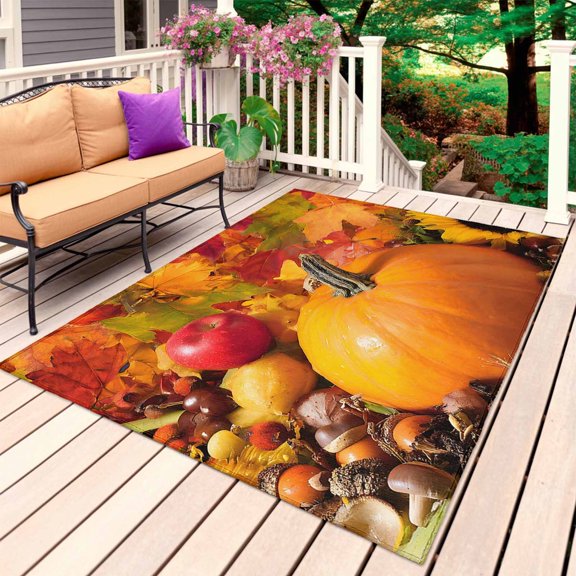 Orange Pumpkin Outdoor Rug 4x6 Ft, Non Slip Washable Area Rug, Fall Thanksgiving Maple Leaf Fruit Corn Patio Rugs Carpet Runner, Large Floor Mat for Indoor/Outdoor Deck Porch Camping