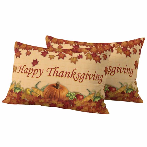 Orange Pumpkin Pillow Covers 2 Pack Happy Thanksgiving Fall Maple Leaf Corn Plant Pillowcase Waterproof Outdoor Throw Pillow Cover for Patio Balcony Rectangular Cushion 20”x12”