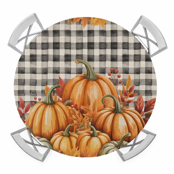 Orange Pumpkin Round Tablecloth for 36-44 Inch Tables,Fitted Table Cover with Elastic Edge,Thanksgiving Maple Leaf Botanical Black Plaid Waterproof Outdoor Table Cloth Protector for Patio Dinner