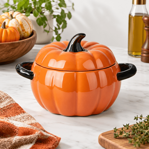 Orange Pumpkin Shaped Ceramic Dutch Oven Soup Bowl with Lid, 64oz Capacity