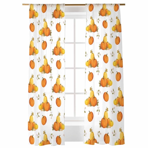 Orange Pumpkin Sheer Curtains 84 inches Long, Fall Thanksgiving Plant Linen Rustic Light Filtering Sheer Window Curtains Rod Pocket Voile Drapes for Bedroom Living Room, 52"W x 84"L 2 Panels