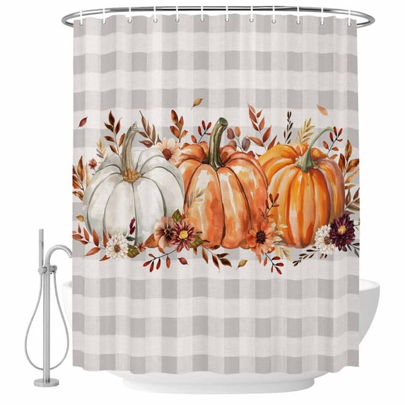 Orange Pumpkin Shower Curtain Set - 72" x 78" Washable Bathtub Curtain with 12 Hooks, Thanksgiving Fall Leaves Botanical Plaid Waterproof Fabric Stall Shower Curtains for Bathroom/Bathtub Décor