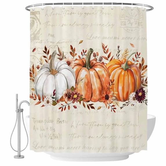 Orange Pumpkin Shower Curtain Set - Extra Long 72" x 96" Washable Bathtub Curtain with 12 Hooks, Thanksgiving Fall Leaves Floral Beige Waterproof Fabric Stall Shower Curtains for Bathroom Décor