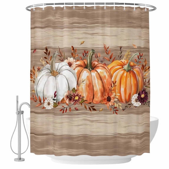 Orange Pumpkin Shower Curtain Set - Small 36" x 72" Washable Bathtub Curtain with 12 Hooks, Thanksgiving Fall Leaves Botanical Wood Waterproof Fabric Stall Shower Curtains for Bathroom/Bathtub Décor