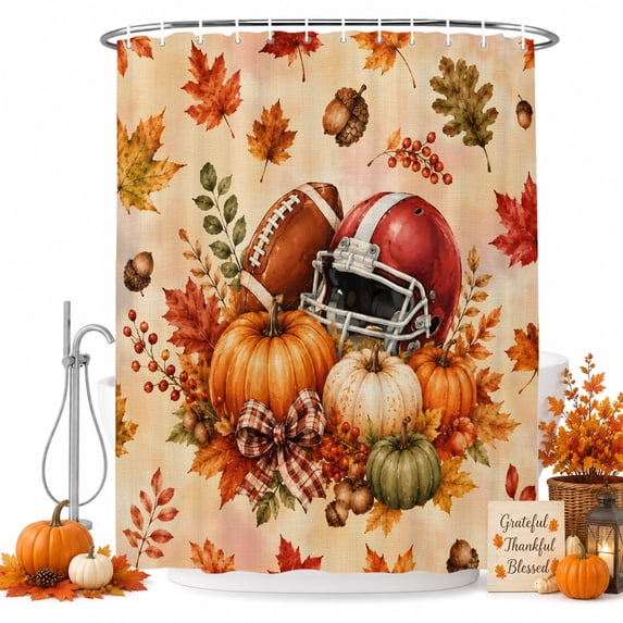 Orange Pumpkin Shower Curtain, Waterproof Shower Curtains for Bathroom, Fall Thanksgiving Maple Leaf Rugby Rustic Washable Fabric Bathtub Curtain Set Bath Decor with 12 Hooks Stall 36"x72"