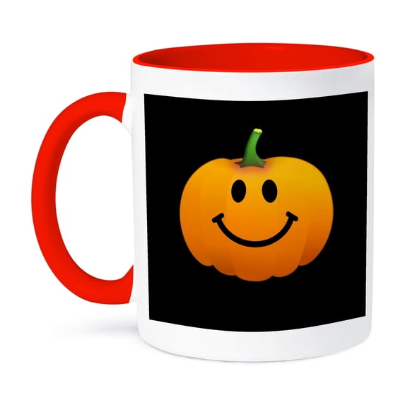 3dRose, Orange pumpkin smiling face on black - cute happy Halloween jack o lantern cartoon - fun smilings, 11oz Two-Tone Red Mug
