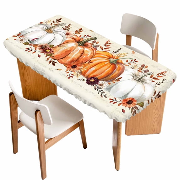 Orange Pumpkin Table Cloths for 3 Foot Rectangle Tables, Thanksgiving Fall Leaves Floral Beige Patio Waterproof Elastic Fitted Tablecloths, Washable Rectangular Table Cover for Camping