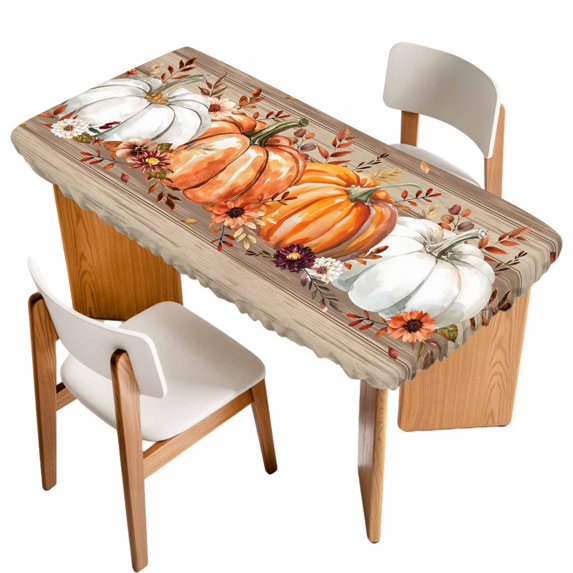 Orange Pumpkin Table Cloths for 4 Foot Rectangle Tables, Thanksgiving Fall Leaves Botanical Wood Patio Waterproof Elastic Fitted Tablecloths, Washable Rectangular Table Cover for Camping